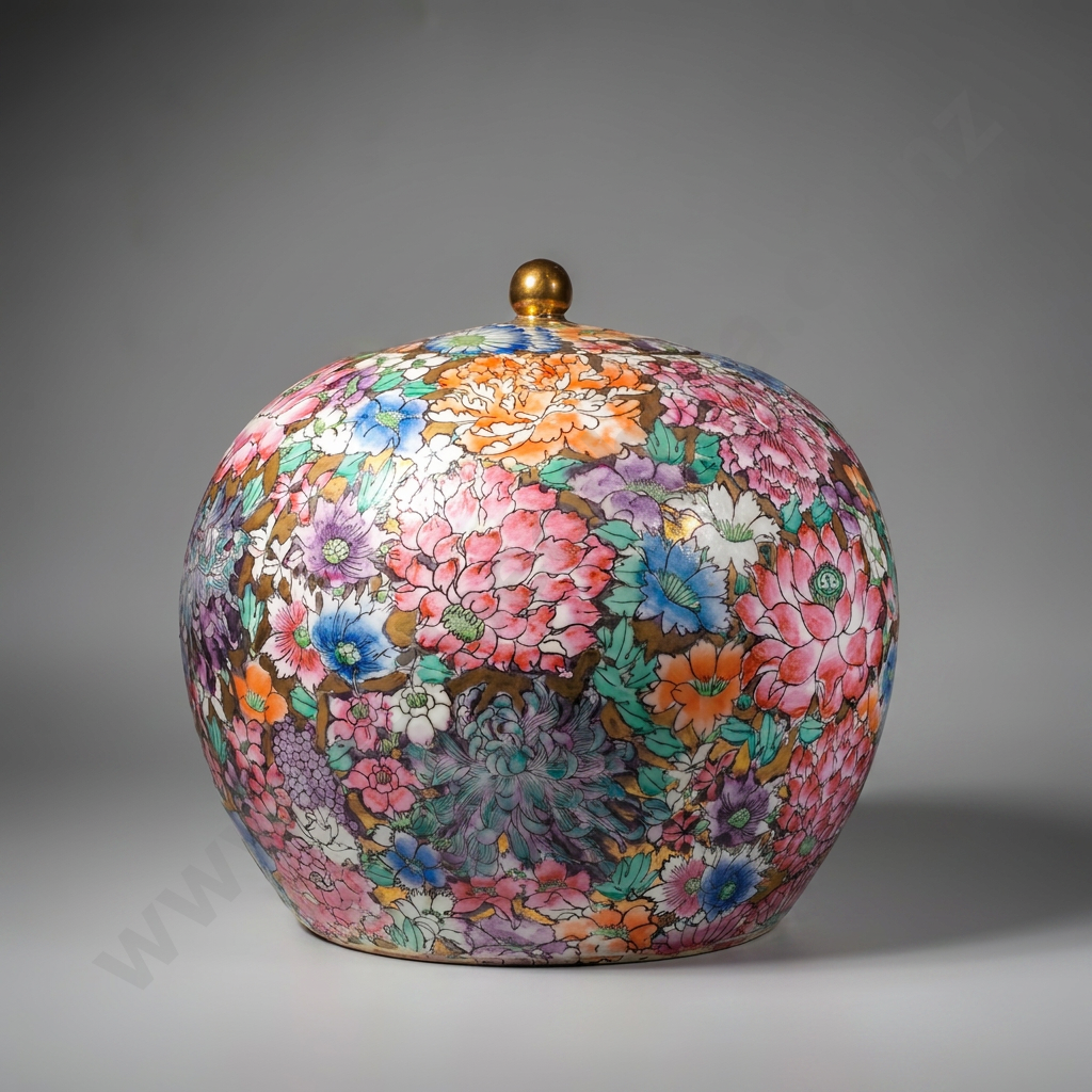 Chinese Ovoid Lidded Vase in the Thousand Flowers or Wan Hua Dui Pattern & Gilt Knop  w Later Qianlong Dynasty Mark Image 1++