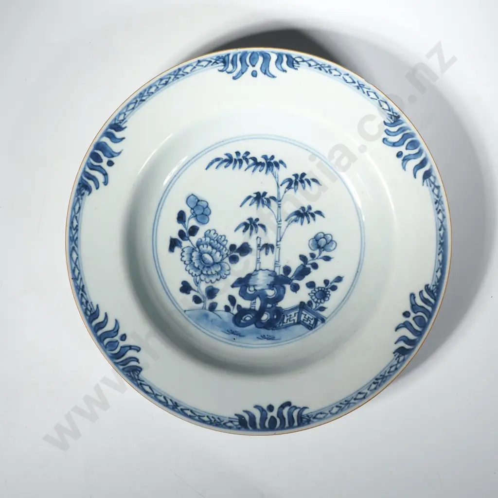 Antique Chinese Blue & White Plate w Traditional Floral & Bamboo Motifs Painted Under the Glaze Image 1++
