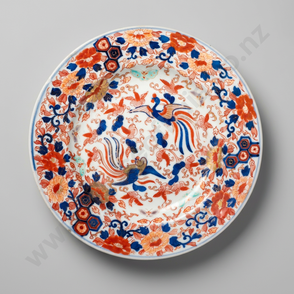 Meiji Period Japanese Imari Plate w Traditional Phoenix Birds  w Underglaze Blue, Iron-Red & Gold Image 1++
