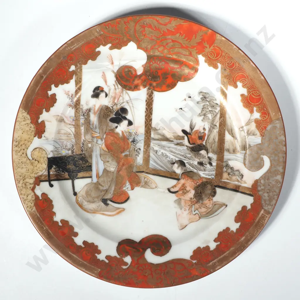 Fine Meiji Kutani Plate in Traditional Colours depicting Geishas  in Red & Gold. Painted Character Marks in Gold Verso Image 1++
