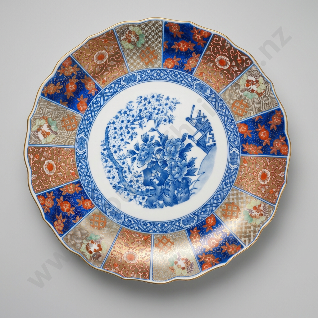 Japanese Imari Style Porcelain Charger w Central Blue Landscape, Attributed to the Ryuho Kiln Image 1++