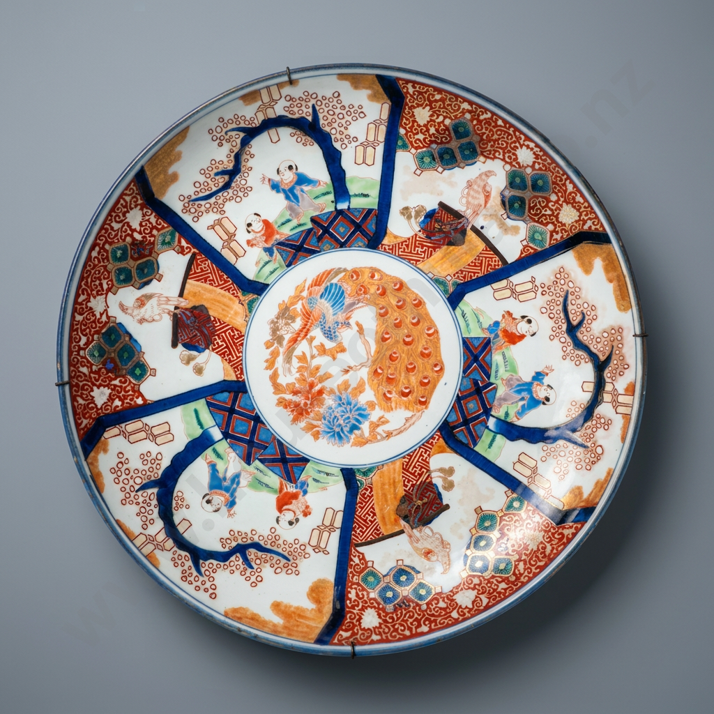 Large Imari Charger w Hand Painted Panels of Children & Birds & a Central Peacock Motif Image 1++