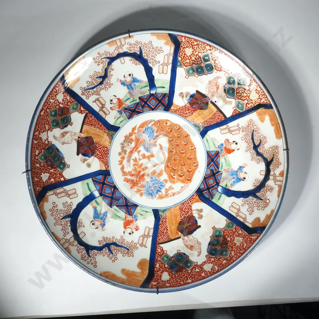 Large Imari Charger w Hand Painted Panels of Children & Birds & a Central Peacock Motif Image 1++