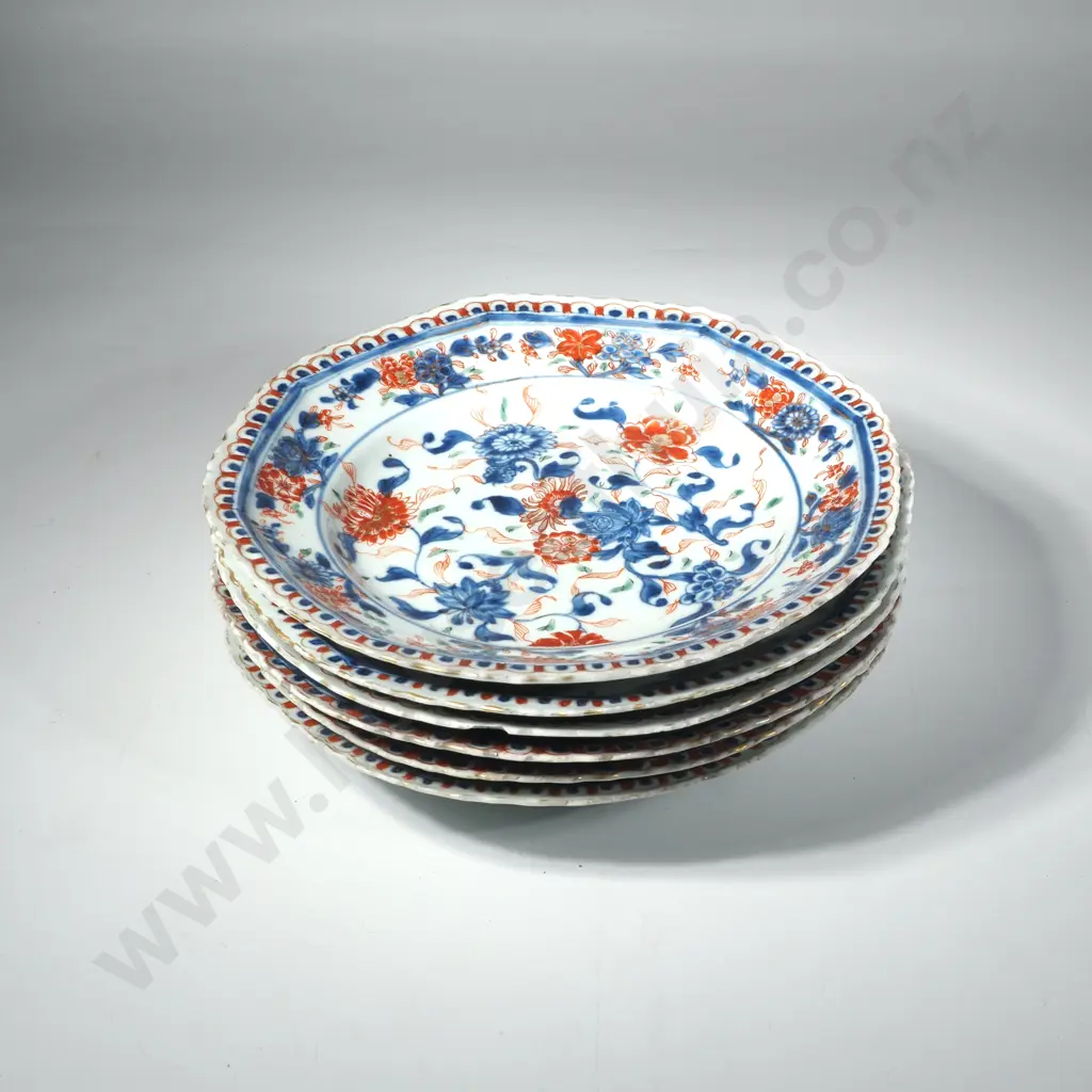 Antique Set of Six Chinese Imari Plates of Octagonal form w Underglaze Blue, Iron- Red Enamel & Gold Floral Decoration A Image 1++