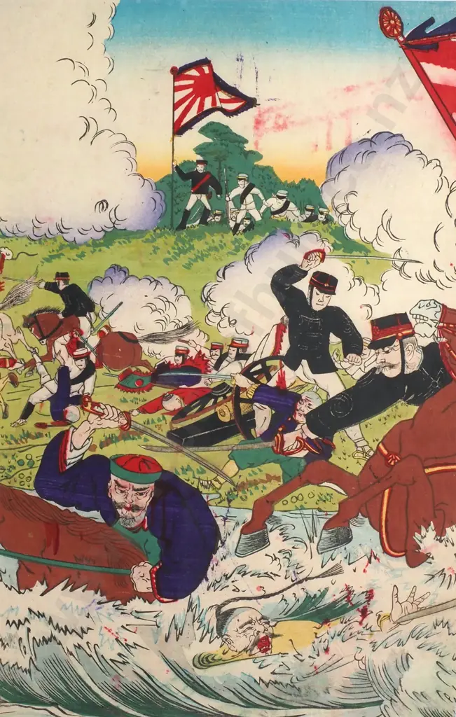Watanabe Nobukazu- Military Battle Scene, Japanese Woodblock Print (Meiji Era) Image 1++