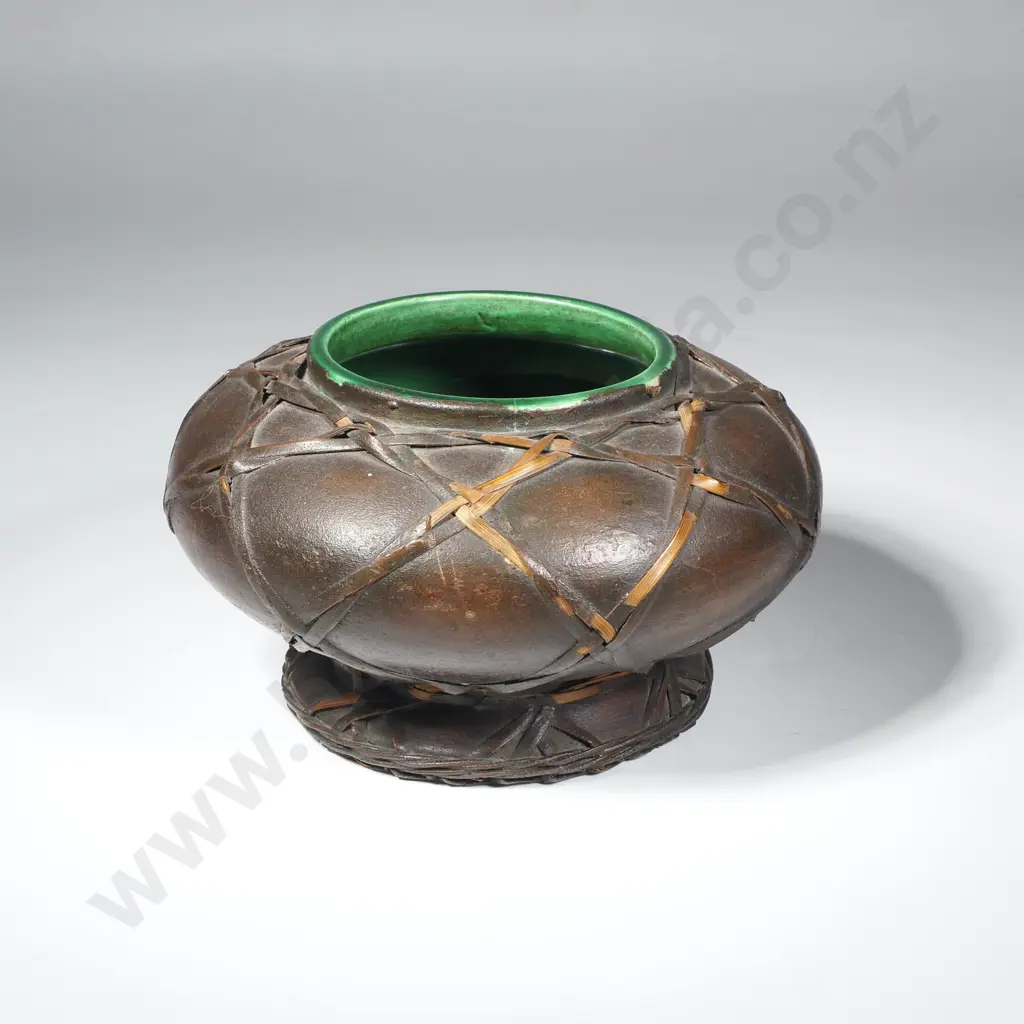 Vintage Awaji Pottery Vase w a Dark Glaze Wrapped in Rattan or Bamboo & w a Rich Green Interior Image 1++
