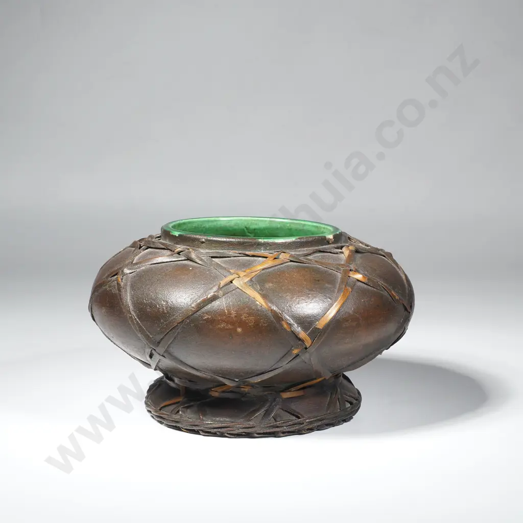Vintage Awaji Pottery Vase w a Dark Glaze Wrapped in Rattan or Bamboo & w a Rich Green Interior Image 1++