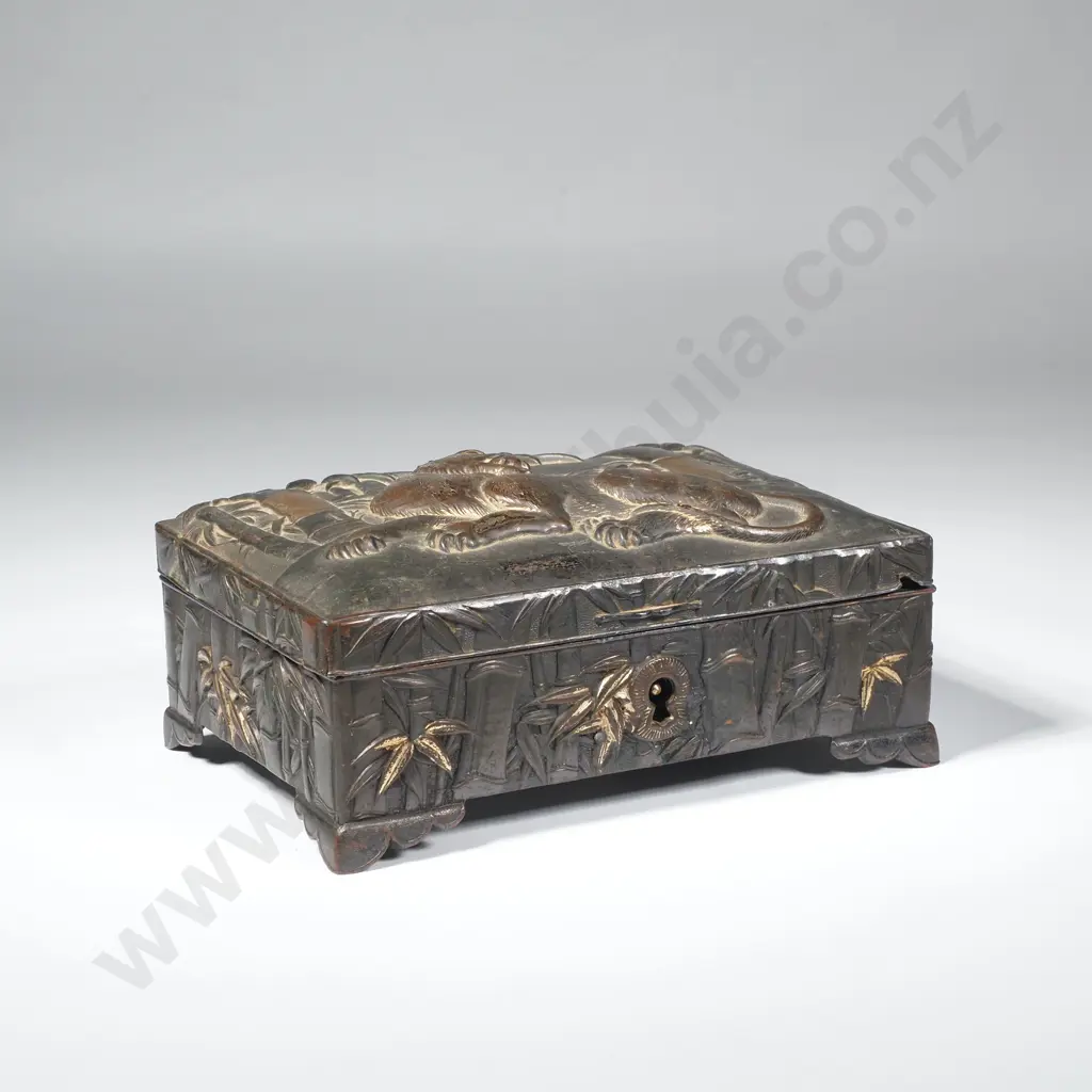 Vintage Japanese Bronzed Jewel Box w Impressive Lion Motif Hinge A/F Image 1++