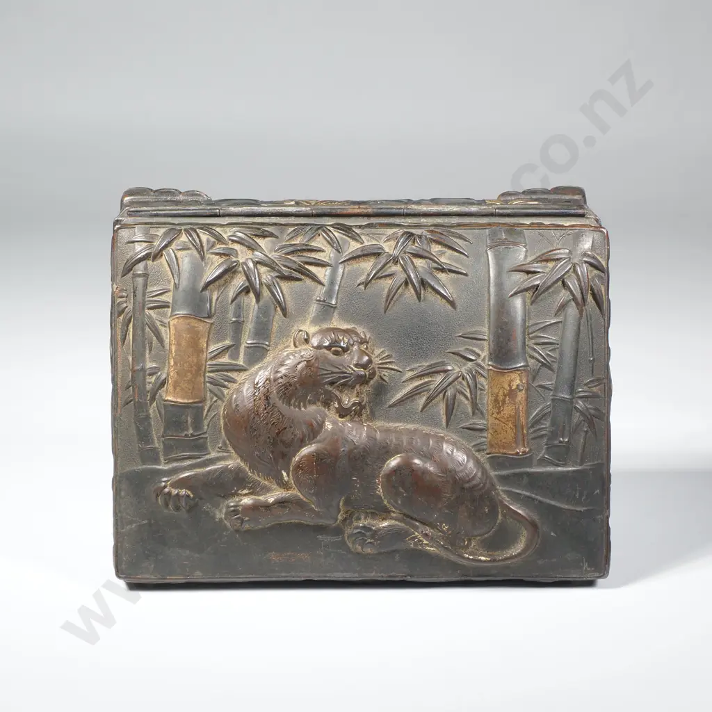 Vintage Japanese Bronzed Jewel Box w Impressive Lion Motif Hinge A/F Image 1++