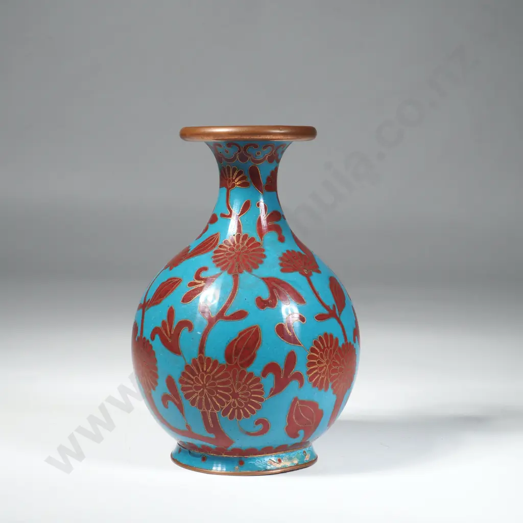 Vintage Chinese Cloisonne Enamel Vase w Floral Motifs Image 1++