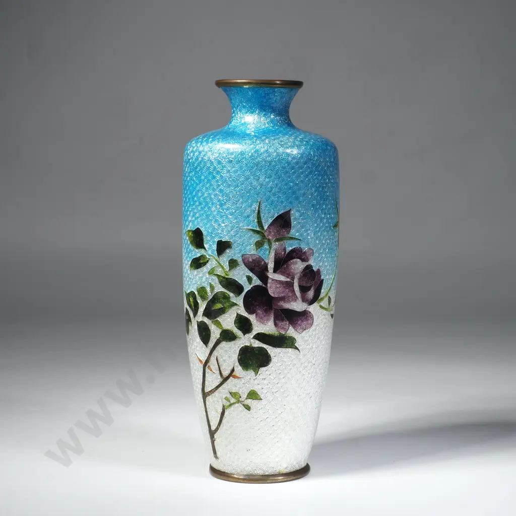 Antique Japanese Ginbari Cloisonne Vase - Flowering Rose Image 1++