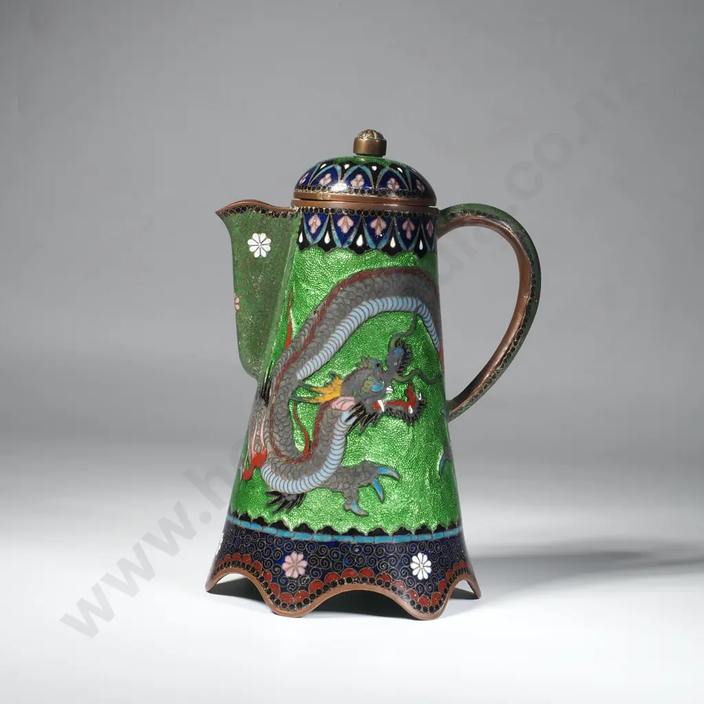 Japanese Antique Meiji Period Cloisonne Enamel Teapot w Detailed Dragon Motif on a  Vibrant Green Foil ( Ginbari) Ground Image 1++