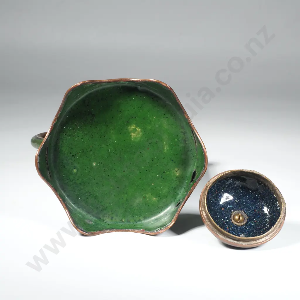 Japanese Antique Meiji Period Cloisonne Enamel Teapot w Detailed Dragon Motif on a  Vibrant Green Foil ( Ginbari) Ground Image 1++