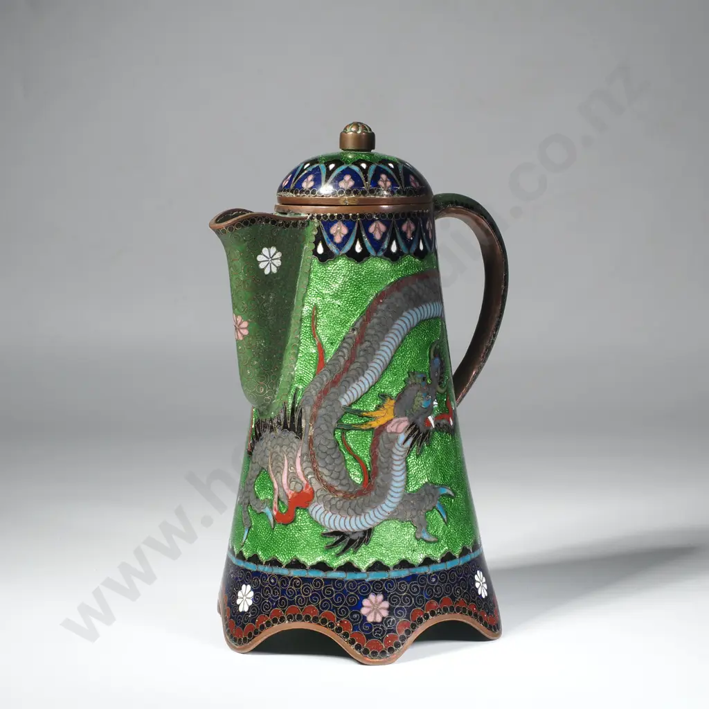 Japanese Antique Meiji Period Cloisonne Enamel Teapot w Detailed Dragon Motif on a  Vibrant Green Foil ( Ginbari) Ground Image 1++