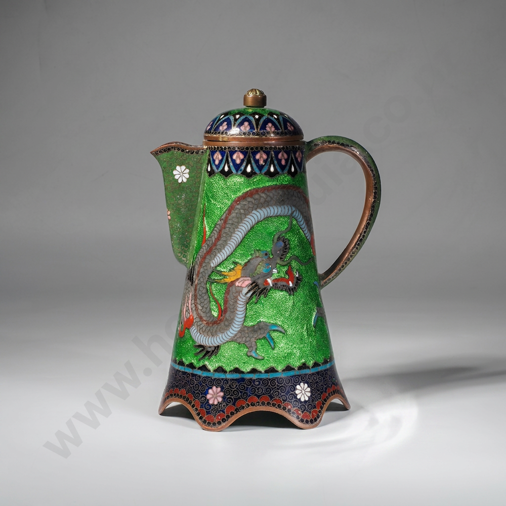 Japanese Antique Meiji Period Cloisonne Enamel Teapot w Detailed Dragon Motif on a  Vibrant Green Foil ( Ginbari) Ground Image 1++