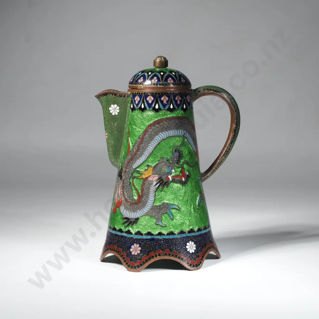 Japanese Antique Meiji Period Cloisonne Enamel Teapot w Detailed Dragon Motif on a  Vibrant Green Foil ( Ginbari) Ground Image 1++