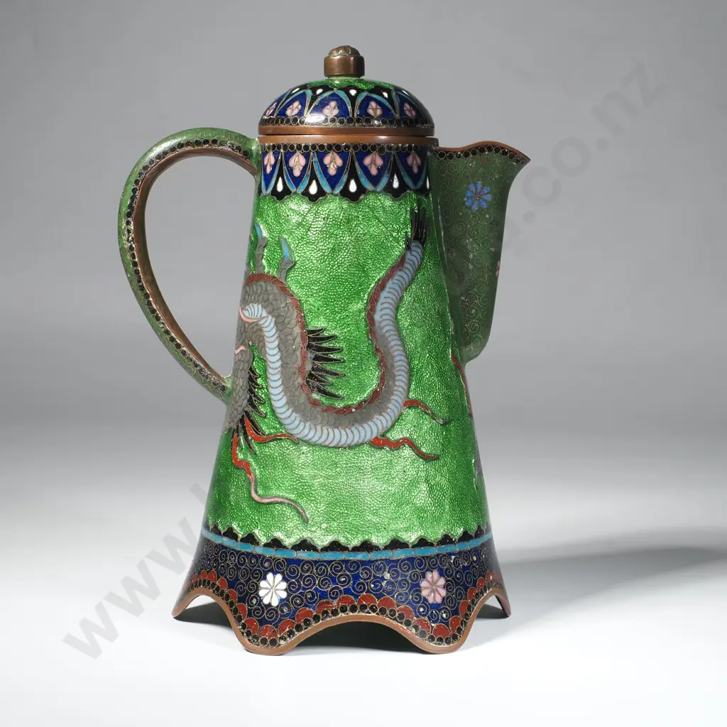 Japanese Antique Meiji Period Cloisonne Enamel Teapot w Detailed Dragon Motif on a  Vibrant Green Foil ( Ginbari) Ground Image 1++