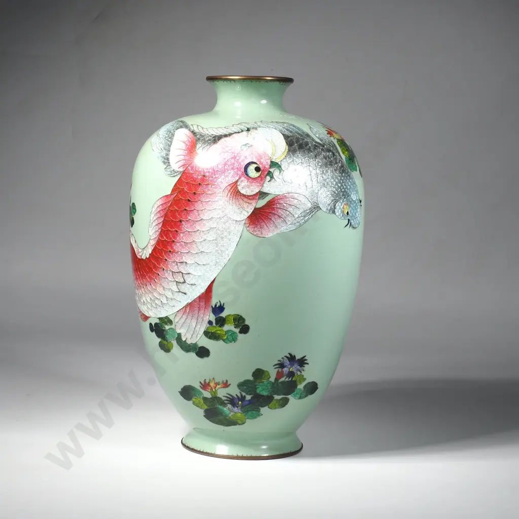 Antique Japanese Ginbari Cloisonne Vase - Featuring Koi Carp Image 1++