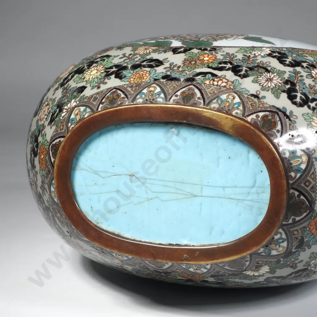 Japanese Meiji Era Cloisonne Enamel Vase w Intricate Millefiori Background Framing Hydrangea in a Circular Panel Image 1++