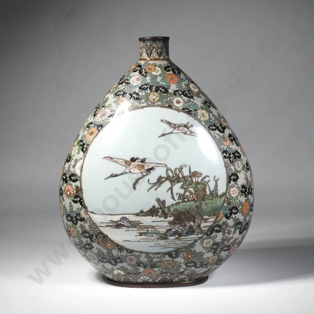Japanese Meiji Era Cloisonne Enamel Vase w Intricate Millefiori Background Framing Hydrangea in a Circular Panel Image 1++