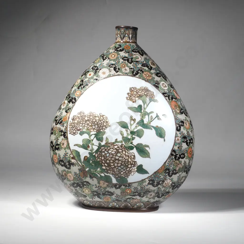 Japanese Meiji Era Cloisonne Enamel Vase w Intricate Millefiori Background Framing Hydrangea in a Circular Panel Image 1++