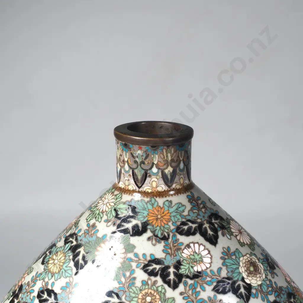Japanese Meiji Era Cloisonne Enamel Vase w Intricate Millefiori Background Framing Hydrangea in a Circular Panel Image 1++
