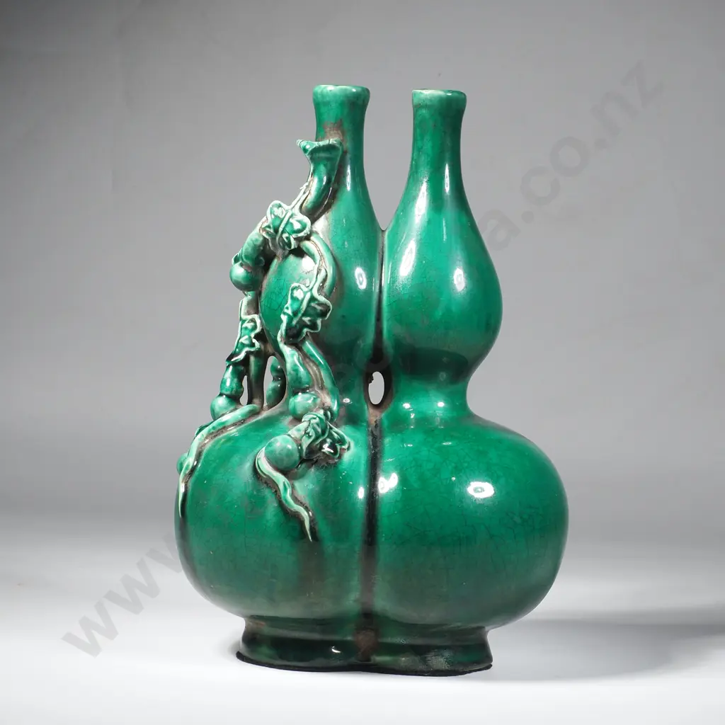 Chinese Double Neck Gourd Green Highly  Glazed Vase Image 1++