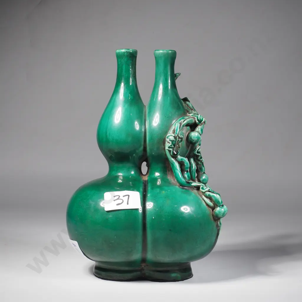 Chinese Double Neck Gourd Green Highly  Glazed Vase Image 1++