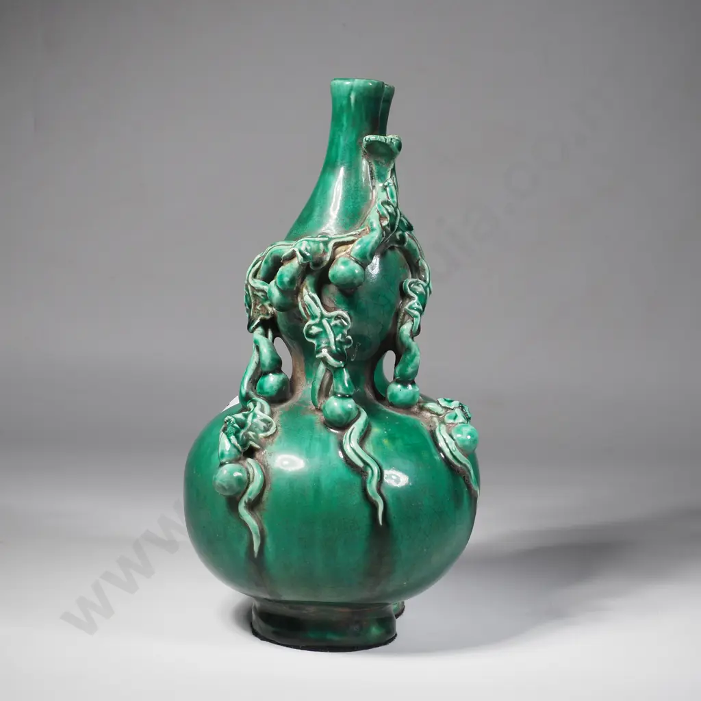 Chinese Double Neck Gourd Green Highly  Glazed Vase Image 1++