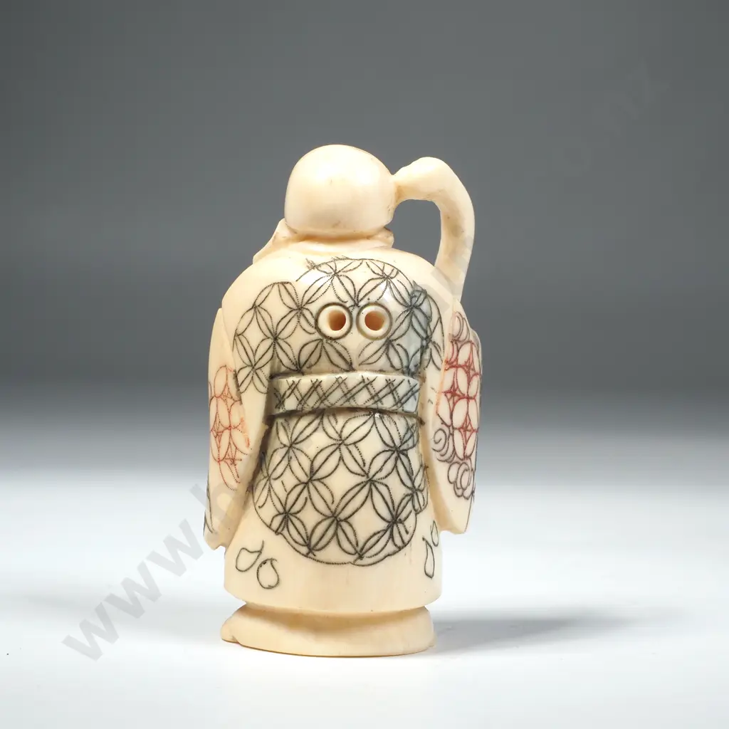 Japanese Carved Ivory Netsuke of a Man Holding a Fan & Staff Image 1++