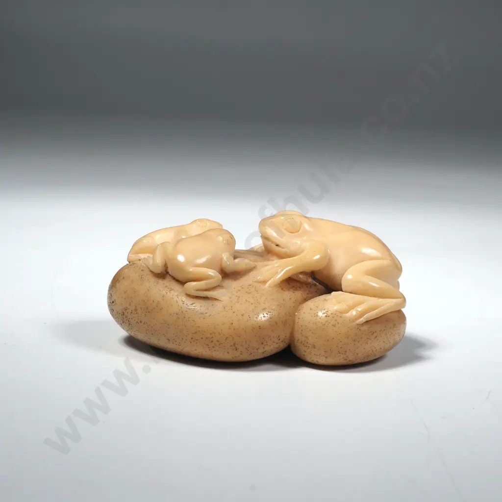 Well Carved Artist Tagua Nut Netsuke Featuring Frogs Clambering over a Rock, Two Character Mark to  Base Image 1++