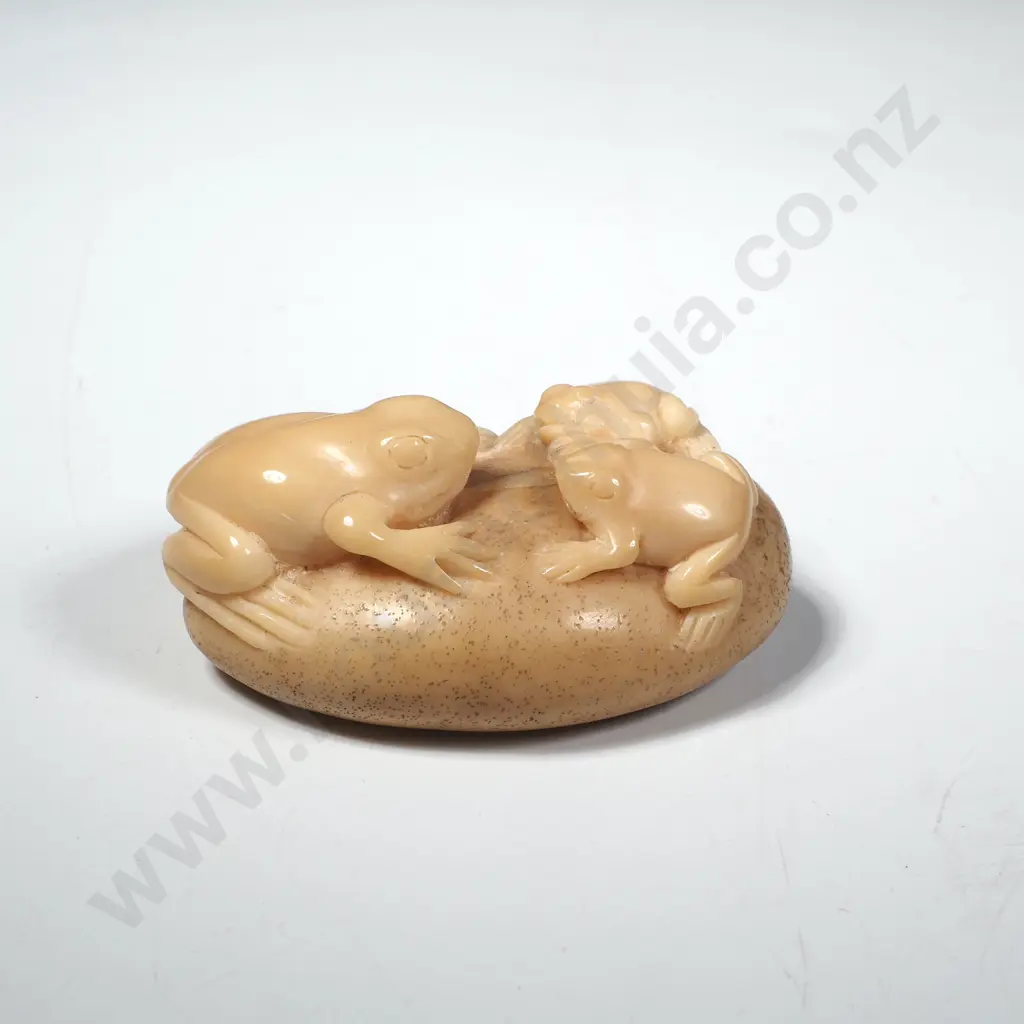 Well Carved Artist Tagua Nut Netsuke Featuring Frogs Clambering over a Rock, Two Character Mark to  Base Image 1++