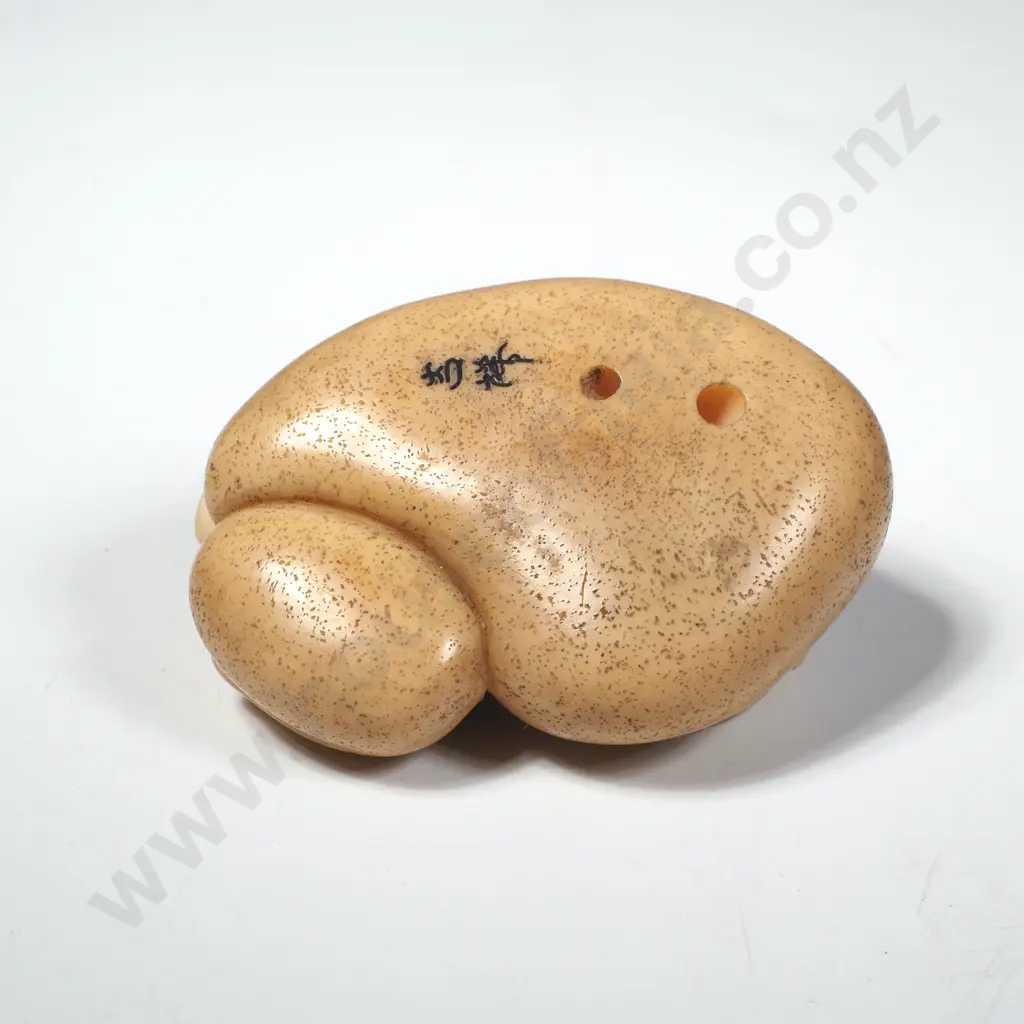 Well Carved Artist Tagua Nut Netsuke Featuring Frogs Clambering over a Rock, Two Character Mark to  Base Image 1++