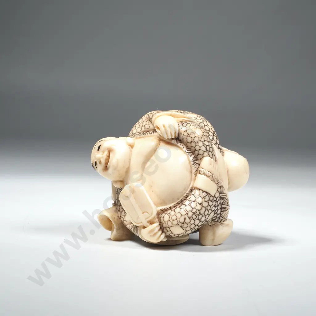 Japanese Carved Ivory Netsuke - Two Entwined Laughing Buddha ( Hotei) Image 1++