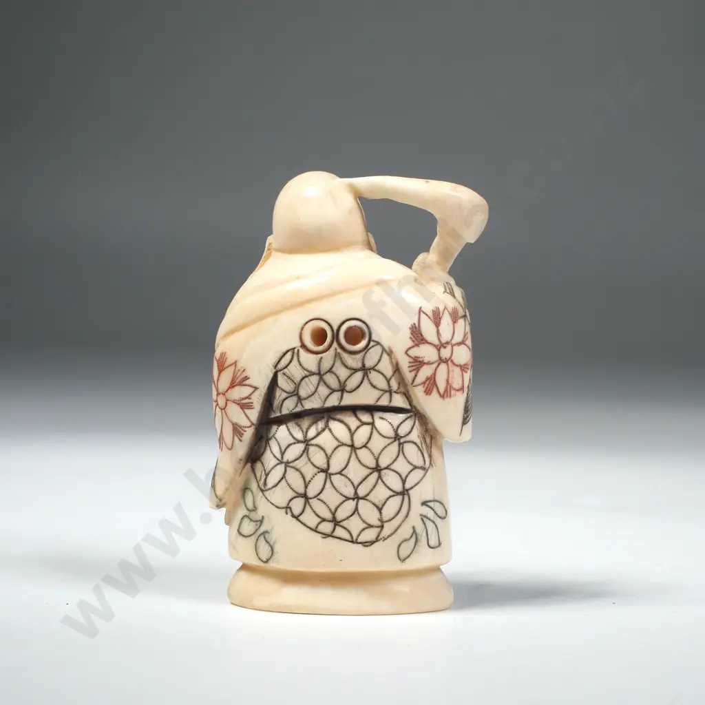 Japanese Carved Ivory Netsuke of a Traveling Hotei Image 1++