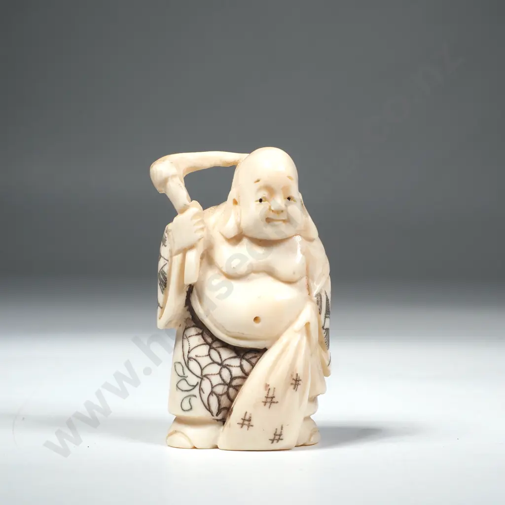 Japanese Carved Ivory Netsuke of a Traveling Hotei Image 1++