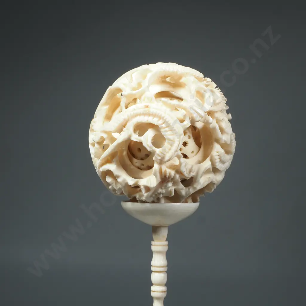 A Chinese carved Ivory Puzzle Ball w Stand Image 1++