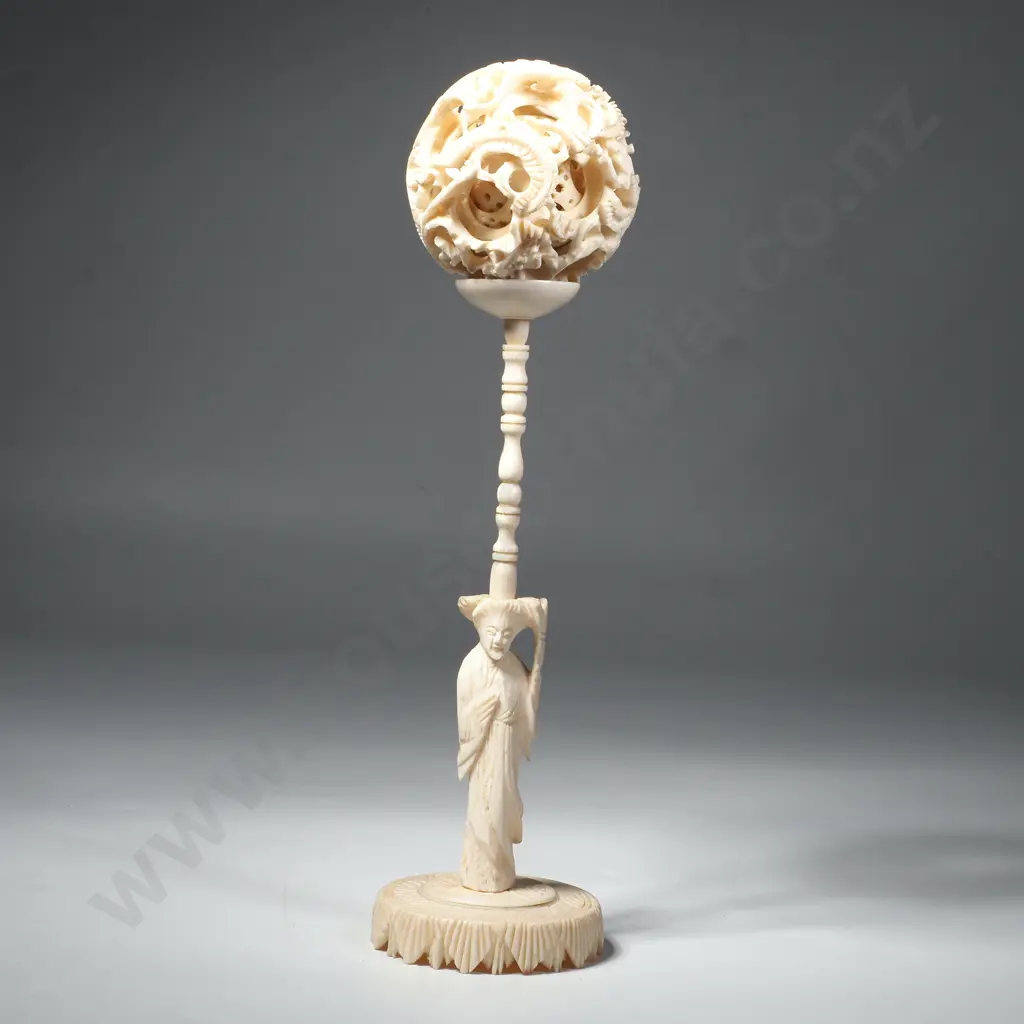 A Chinese carved Ivory Puzzle Ball w Stand Image 1++