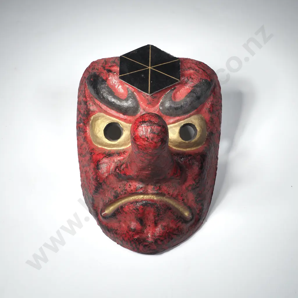 Vintage Papier Mache & Lacquer Japanese Tengu Mask Red Long Nose Oni Demon Image 1++