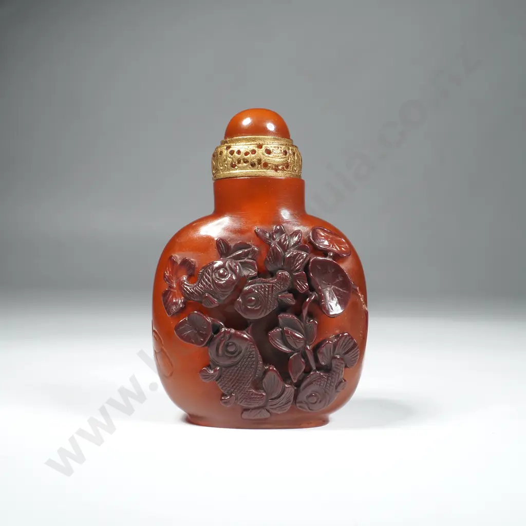 Antique Chinese Amber Coloured Carved Snuff Bottle w Koi Fish Image 1++