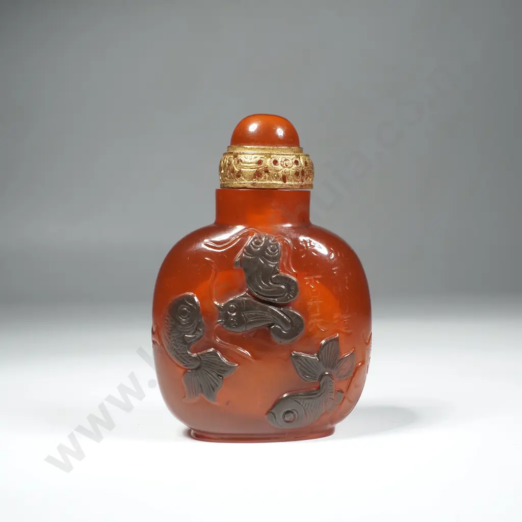 Antique Chinese Amber Coloured Carved Snuff Bottle w Koi Fish Image 1++