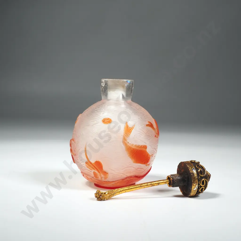 Exquisite Chinese Peking Glass Snuff Bottle Decorated w Koi Image 1++