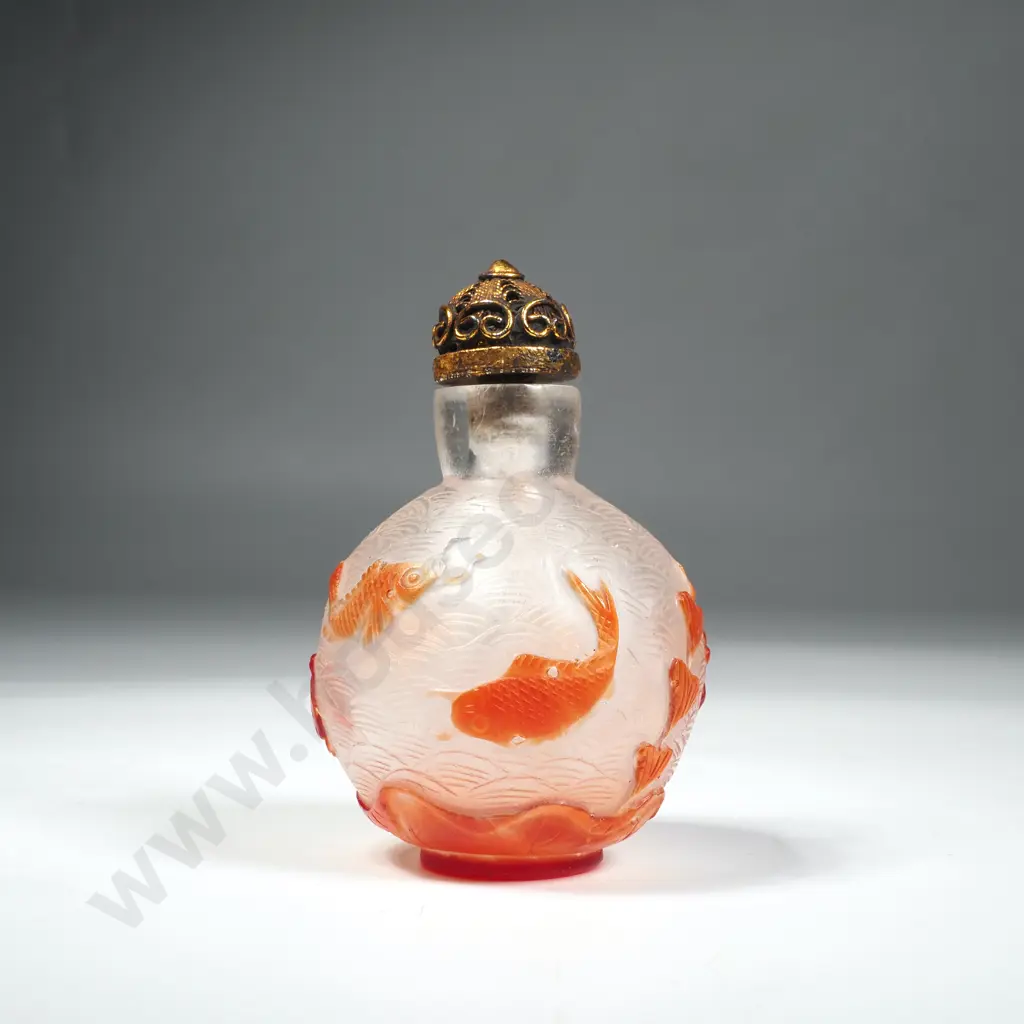 Exquisite Chinese Peking Glass Snuff Bottle Decorated w Koi Image 1++