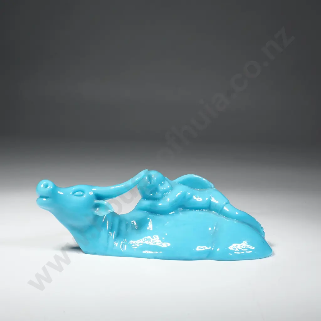 Chinese Blue Peking Glass Figure - Boy in Turtle shell on Oxen Image 1++