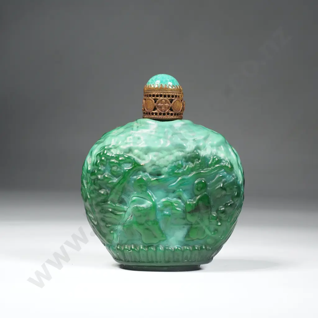 Vintage 1900's Chinese Carved Malachite Musician Snuff Bottle w Ornate Stopper Image 1++