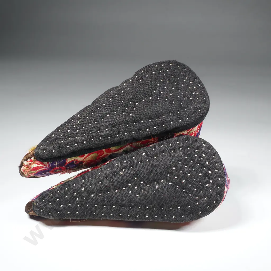 Chinese Lotus Slippers or Flat Mules In Turquoise Blue Silk w Multi Coloured Outer Fabric Image 1++