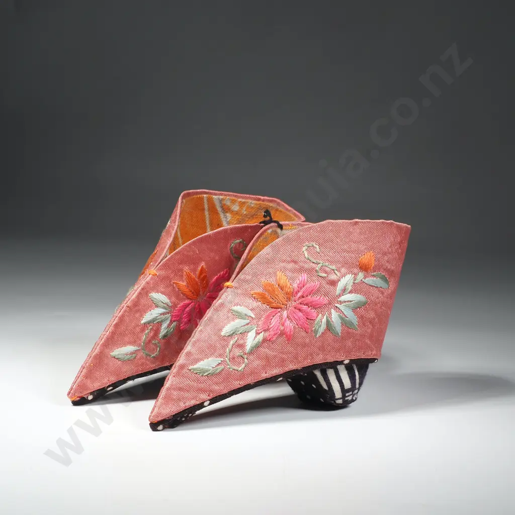 Vintage Pink Embroidered Chinese Lotus Shoes Designed for Bound Feet, in Pink Silk & Floral Embroidery Image 1++