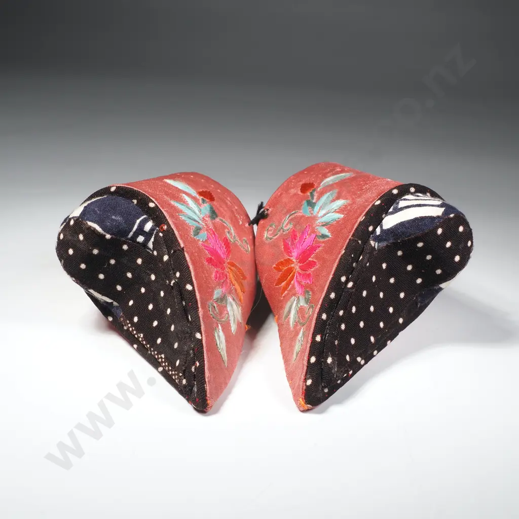Vintage Pink Embroidered Chinese Lotus Shoes Designed for Bound Feet, in Pink Silk & Floral Embroidery Image 1++