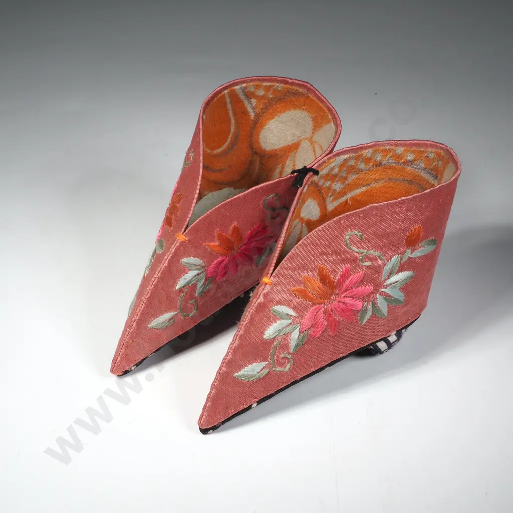 Vintage Pink Embroidered Chinese Lotus Shoes Designed for Bound Feet, in Pink Silk & Floral Embroidery Image 1++