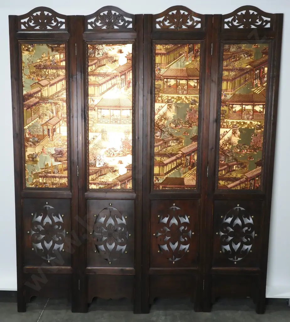 Vintage Asian Four Panel Screen w Carved Openwork Wood at Top & Base & Printed Central Gold Silk Panels Image 1++